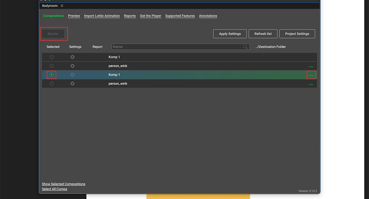 Screenshot von Adobe After Effects, in dem man den Export eines Lottie Files via Bodymovin Plugin sieht