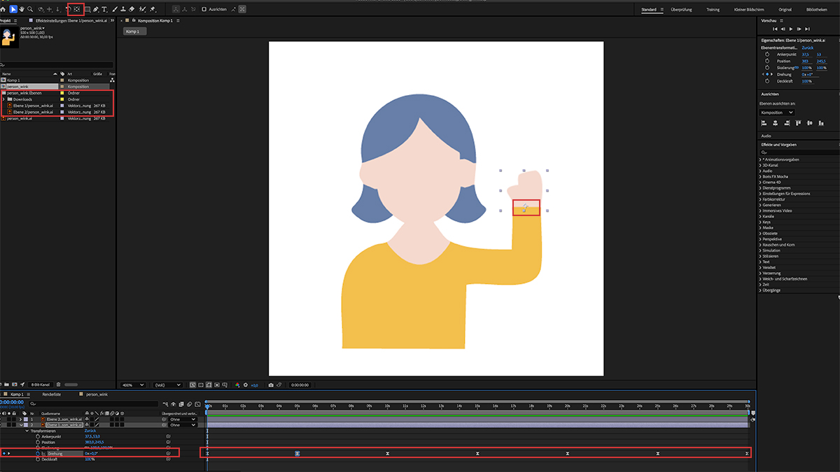 Screenshot von Adobe After Effects, in dem man eine Animation eines winkenden Personen-Icons sieht