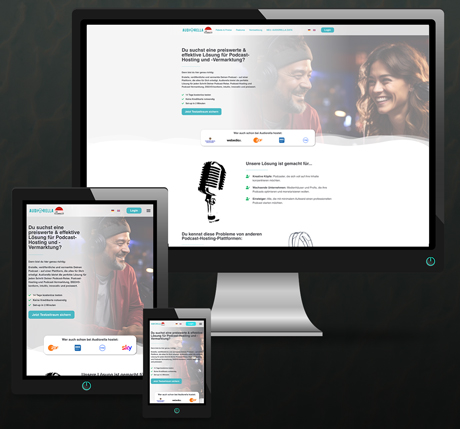 Screenshot der Webseite von Audiorella auf einem Tablet, einem Smartphone und einem Desktop-PC.