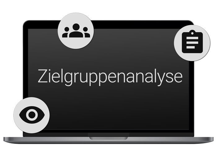 Aufgeklapptes Notebook, dass den Schriftzug "Zielgruppenanalyse" auf dem Display zeigt.